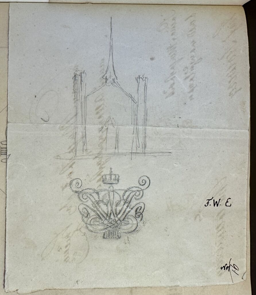 Friedrich Wilhelm IV., Entwurfsskizze für die Namenschiffre der königlichen Mundtasse, wohl 1847, in: GSTA PK, BPH, Rep.113, Nr. 2237 Kaffee-Küche, Bd. 4, 1842-1851, p. 91