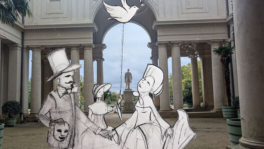 Collage aus einem Foto der Arkaden am Orangerieschloss und aus drei gemaltern und ausgeschnittenen Personen