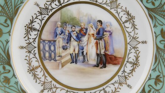 Königliche Porzellanmanufaktur Berlin: Teller mit der Darstellung der Begegnung von Luise und Napoleon, Detail, um 1840