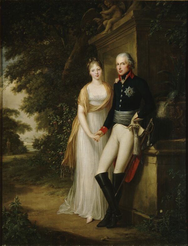 Friedrich Georg Weitsch: Friedrich Wilhelm III. und Königin Luise im Charlottenburger Schlossgarten, 1799, ovaler Porträtausschnitt