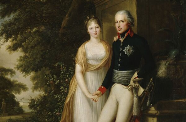 Friedrich Georg Weitsch: Friedrich Wilhelm III. und Königin Luise im Charlottenburger Schlossgarten, 1799, ovaler Porträtausschnitt