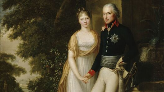 Friedrich Georg Weitsch: Friedrich Wilhelm III. und Königin Luise im Charlottenburger Schlossgarten, 1799, ovaler Porträtausschnitt