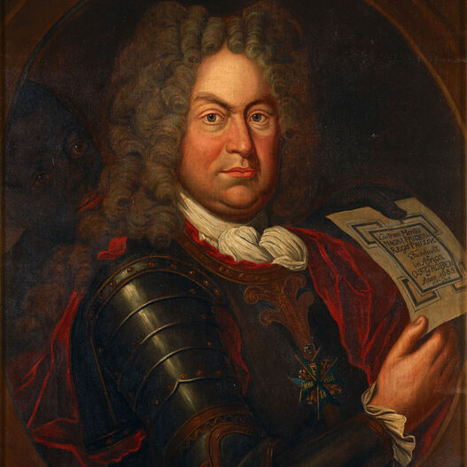 Hermann Verwiebe, Kopie: Otto Friedrich Graf von der Groeben mit dem Plan der Kolonie Großfriedrichsburg in der Hand, nach 1701, GK I 9302
