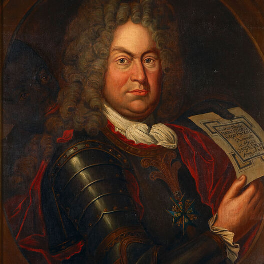 Hermann Verwiebe (copy): Otto Friedrich Graf von der Groeben mit dem Plan der Kolonie Großfriedrichsburg in der Hand (Otto Friedrich Graf von der Groeben Holding a Ground Plan of the Groß Friedrichsburg Colony), after 1701, GK I 9302