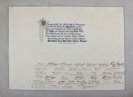 Bornemann, „Weihegruß“ zur Silberhochzeit von Prinzessin Marie und Prinz Carl von Preußen mit Unterschriften von Lieferanten und Hofhandwerkern Papier, Sammlung B. Schmidt
