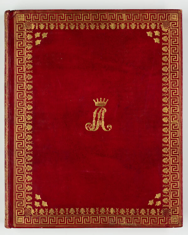 Supralibros der Prinzessin Sofia Albertina von Schweden auf dem Einband zu: Gustav Wilhelm von Tibell: Seraphimer Ordens Historia, Stockholm 1826