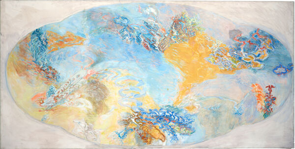 Hann Trier, Entwurf zum Deckenbild des Weißen Saals im Neuen Flügel von Schloss Charlottenburg, 1972, matte Farbe auf Leinwand, 121 x 240 cm