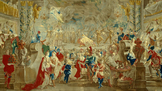 Tapisserie „Theatervorstellung mit Dolchtanz“, Brüssel um 1700. Geschenk Ludwig XIV. an Friedrich I.