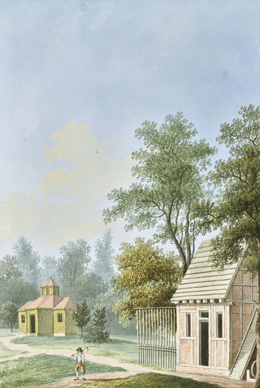 Carl Benjamin Schwarz, Geflügelzucht oder Poulaillerie vor dem Rheinsberger Glashüttentor, um 1792, Gouache