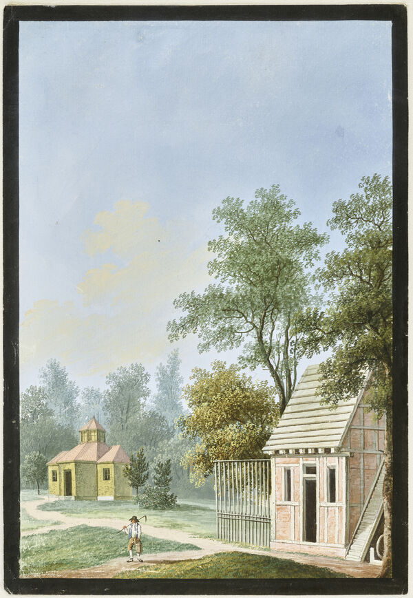 Carl Benjamin Schwarz, Geflügelzucht oder Poulaillerie vor dem Rheinsberger Glashüttentor, um 1792, Gouache © SPSG Carl Benjamin Schwarz, Geflügelzucht oder Poulaillerie vor dem Rheinsberger Glashüttentor, um 1792, Gouache