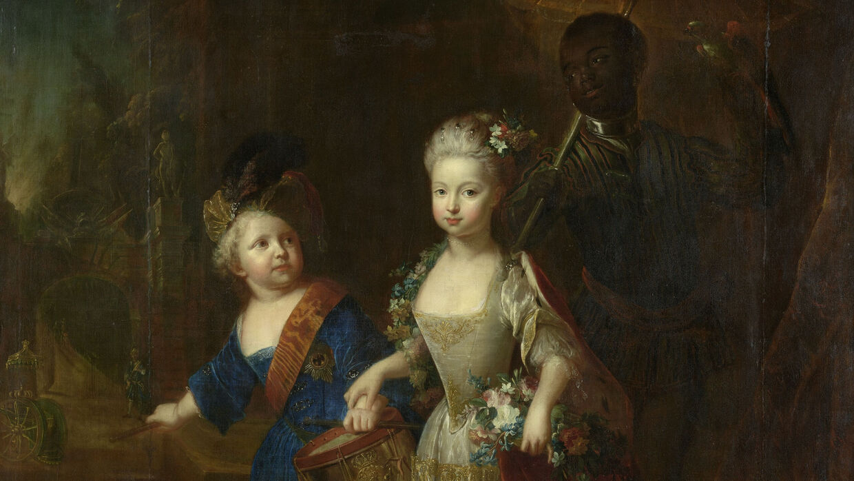 Antoine Pesne, Wilhelmine von Preußen mit ihrem Bruder Friedrich, später Friedrich II., mit einem Schwarzen Kammerdiener