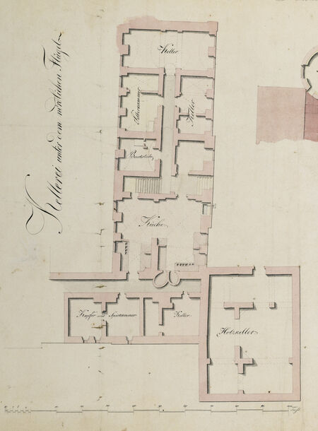 Unbekannter Zeichner, Grundriss des Ökonomiebereichs unter dem Nordflügel des Schlosses mit der Küche, Backstube, Kellerei und Silberkammer, 1826