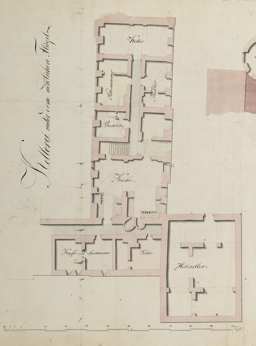 Unbekannter Zeichner, Grundriss des Ökonomiebereichs unter dem Nordflügel des Schlosses mit der Küche, Backstube, Kellerei und Silberkammer, 1826
