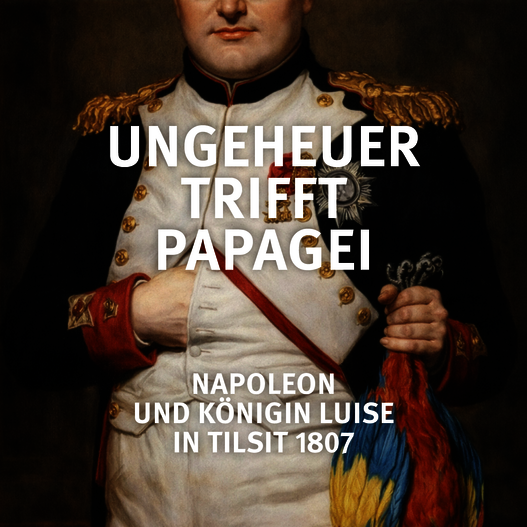keyviusual der Ausstellung „Ungeheuer trifft Papagei“: Brustbild von Napoleon, der einen hängenden Ara-Papagei an den Füßen in der linken Hand hält, die rechte Hand steckt in der Uniformjacke, das Gesicht ist durch den Ausschnitt nur halb sichtbar, ebenso der Papagei, das Bild wurde mit Unterstützung von KI erstellt