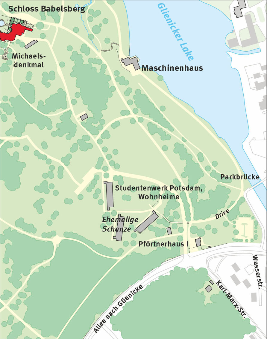 Park Babelsberg, Ausschnitt eines aktuellen Parkplans mit verzeichneten Wohnheimen