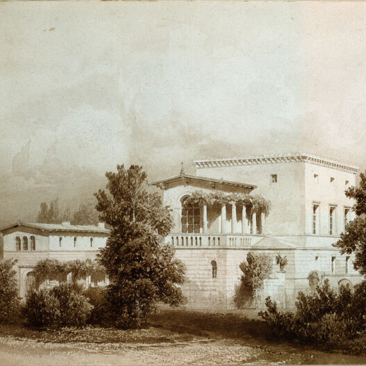 Eduard Biermann: Vorderansicht der Villa Illaire, Sepia-Tuschzeichnung, um 1850