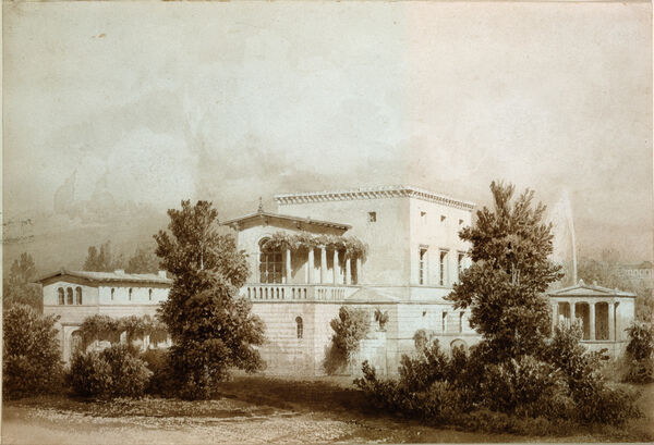 Eduard Biermann: Vorderansicht der Villa Illaire, Sepia-Tuschzeichnung, um 1850