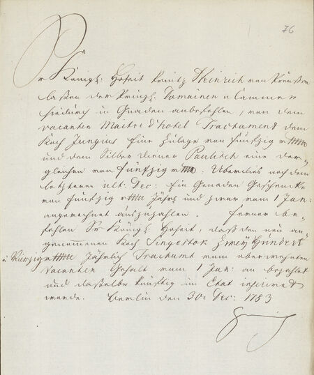 Regelung von Gehaltsfragen für das Rheinsberger Personal in Küche und Kellerei sowie die Anweisung zur Aufnahme des neuen Kochs Singstock, Berlin, 30. Dezember 1783 © Geheimes Staatsarchiv Preußischer Kulturbesitz, I. HA, Rep. 133, Nr. 144