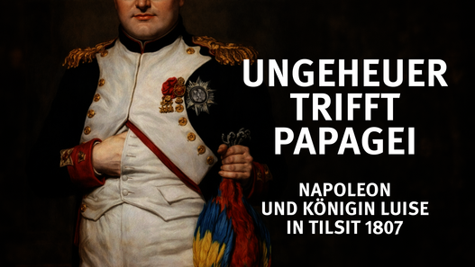 keyviusual der Ausstellung „Ungeheuer trifft Papagei“: Brustbild von Napoleon, der einen hängenden Ara-Papagei an den Füßen in der linken Hand hält, die rechte Hand steckt in der Uniformjacke, das Gesicht ist durch den Ausschnitt nur halb sichtbar, ebenso der Papagei, das Bild wurde mit Unterstützung von KI erstellt