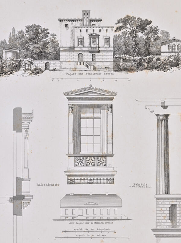 C. E. Weber nach Ludwig Persius: Rückansicht der Villa Illaire mit Darstellung des Vorgängergebäudes und Fassadendetails, Kupferstich, 1855