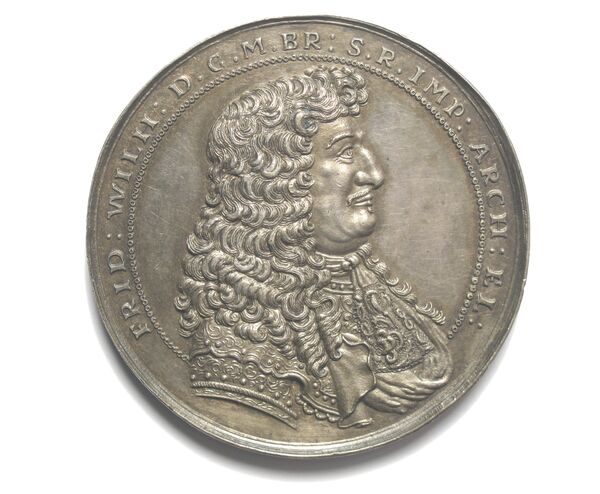 Medaille auf den Beginn der brandenburgischen Schifffahrt an die Küste Westafrikas 1681, Vorderseite: Porträt Kurfürst Friedrich Wilhelm (1640-1688), Johann Bernhard Schulz (Medailleur), Berlin, 1681