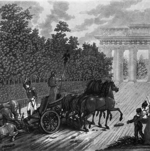 Allegorie auf die Rückführung der Quadriga des Brandenburger Tores nach Daniel Berger, 1814, Kupferstich