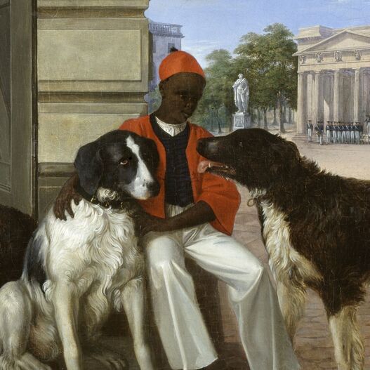 Carl (Friedrich) Schulz/ Constantin Schrödter?: Black servant with the hounds of Prinz Carl of Prussia at Prinzessinnenpalais, 1823, oil on canvas, 47 x 54 cm. Signed bottom right: CS 1823, GK I 30390