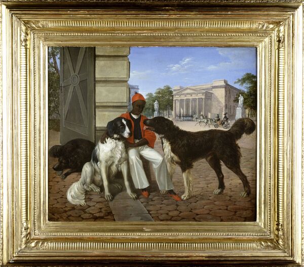 Carl (Friedrich) Schulz/ Constantin Schrödter?: Black servant with the hounds of Prinz Carl of Prussia at Prinzessinnenpalais, 1823, oil on canvas, 47 x 54 cm. Signed bottom right: CS 1823, GK I 30390