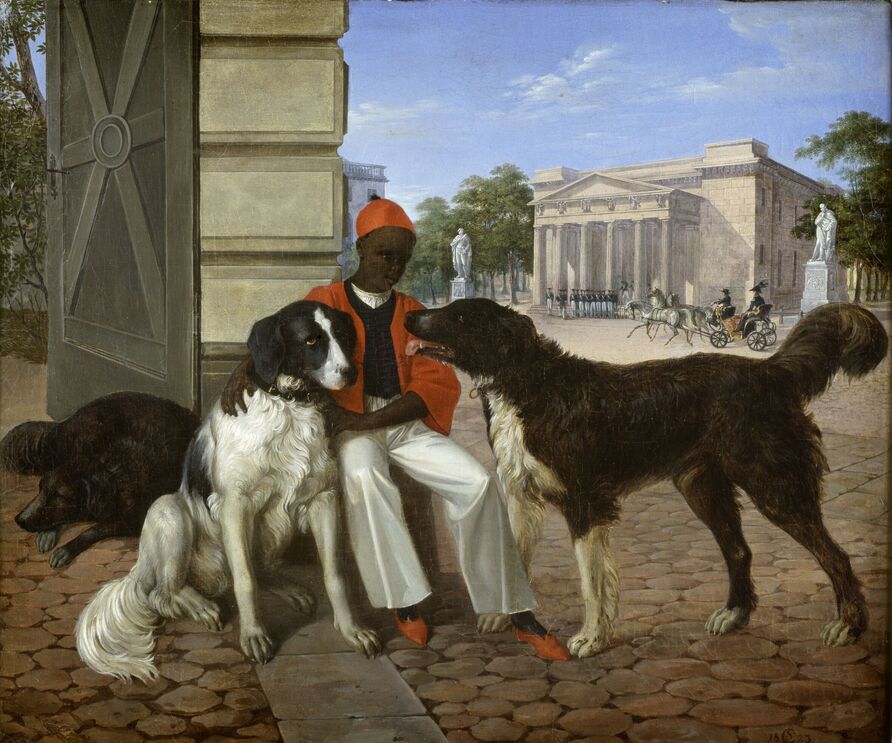 Carl (Friedrich) Schulz/ Constantin Schrödter?: Schwarzer Bediensteter mit den Hunden des Prinz Carl von Preußen am Prinzessinnenpalais, 1823, Öl auf Leinwand, 47 x 54 cm. Bez. r.u.: CS 1823, GK I 30390