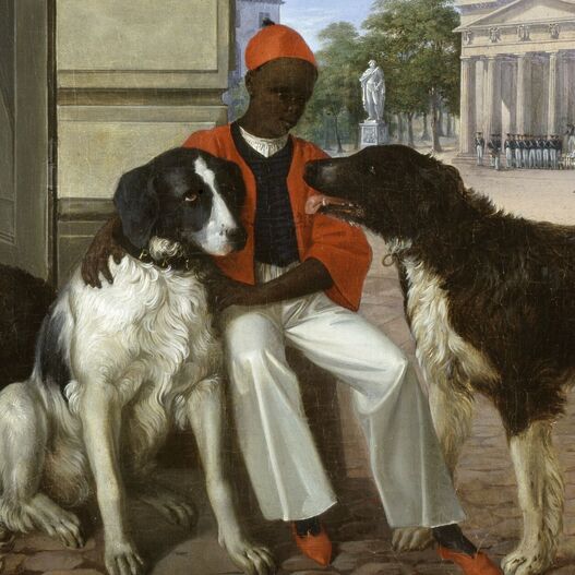 Carl (Friedrich) Schulz/ Constantin Schrödter?: Schwarzer Bediensteter mit den Hunden des Prinz Carl von Preußen am Prinzessinnenpalais, 1823, Öl auf Leinwand, 47 x 54 cm. Bez. r.u.: CS 1823, GK I 30390