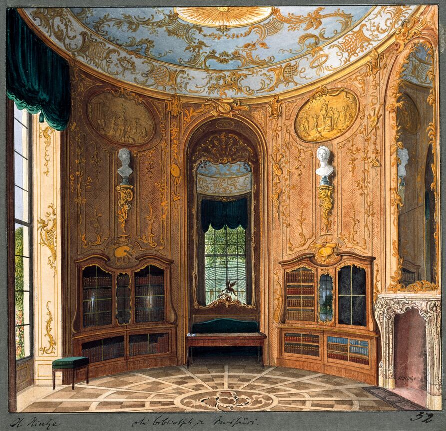Grafik von Johann Heinrich Hintze: Die Bibliothek in Sanssouci, 1842/43
