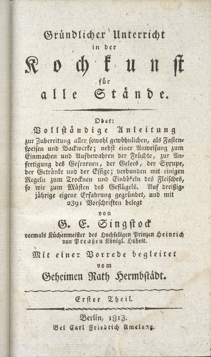 Titelseite zum ersten Teil des Kochbuchs
