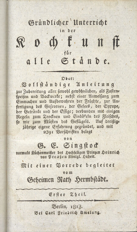 Titelseite zum ersten Teil des Kochbuchs
