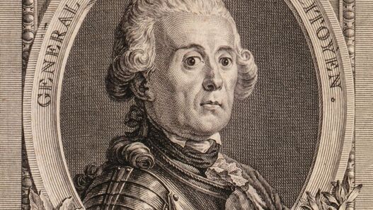 Stich mit Porträt von Prinz Heinrich von Preußen in Rüstung mit verziertem Rand, Lorbeerblättern und der Aufschrift „GENERAL ET SOLDAT, HEROS ET CITOYEN“ von Charles Etienne Gaucher nach Charles Nicolas Cochin, 1785