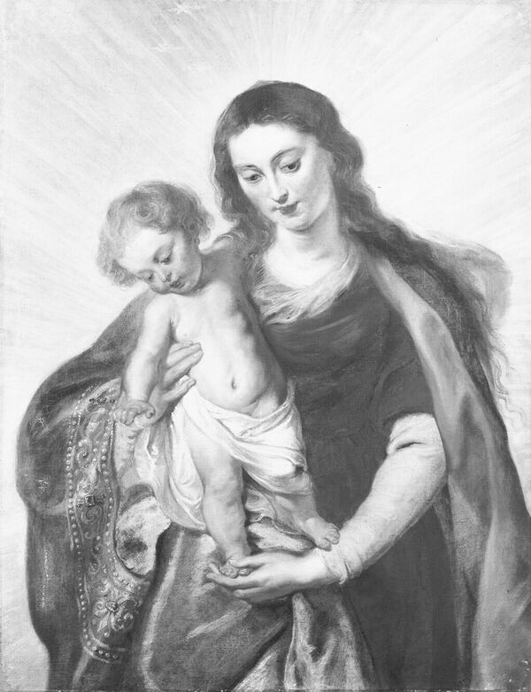 Peter Paul Rubens, Maria mit Kind im Strahlenkranz (Fragment der „Madonna Finistére“), um 1626-27, Öl auf Leinwand, 135,5 x 104,5 cm. Seit 1764 Bildergalerie von Sanssouci, seit 1945 Kriegsverlust