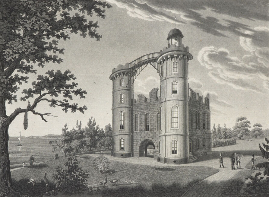 Stich einer Ansicht des Pfaueninselschlosses nach einer Zeichnung von Calau von Laurens & Thiele, 1818/19
