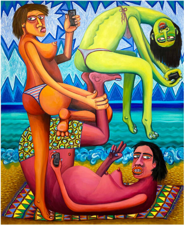 Oska Gutheil, Selfies am Strand, 2021, Öl auf Leinwand, 220 × 180 cm