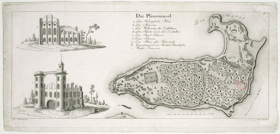 Situationsplan der Pfaueninsel  mit Ansichten von Meierei und Schloss von L. Humbert (Stich: Ludwig Schmidt), 1798