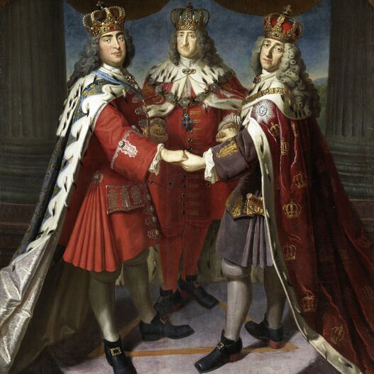 Theodor Samuel Gericke, Dreikönigstreffen, von links: Kurfürst Friedrich August I. von Sachsen, König Friedrich I. in Preußen, König Friedrich IV. von Dänemark, Öl auf Leinwand