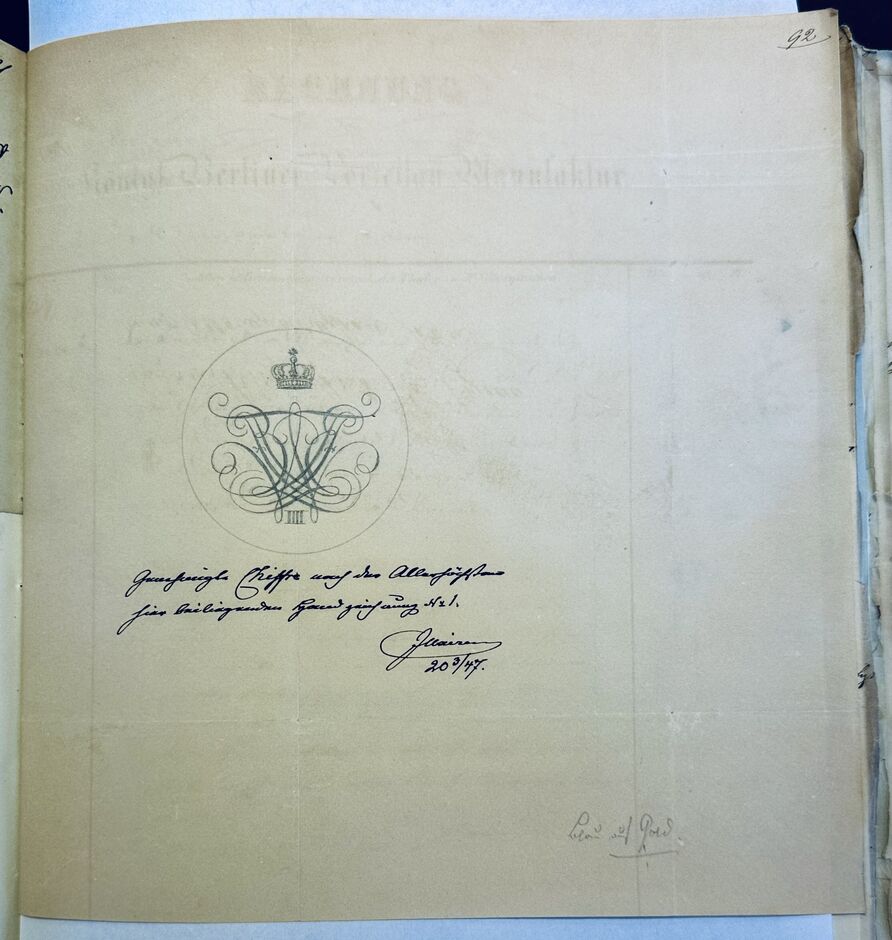 Ernst Emil Illaire, Reinzeichnung der von Friedrich Wilhelm IV. genehmigten Namenschiffre, 20. März 1847, in: GSTA PK, BPH, Rep.113, Nr. 2237 Kaffee-Küche, Bd. 4, 1842-1851, p. 92