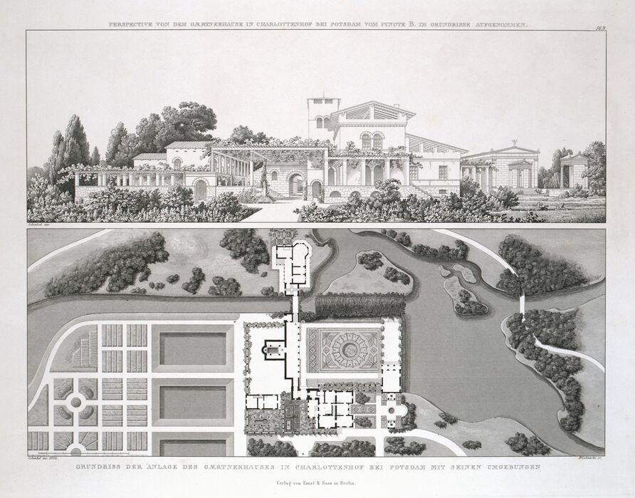 Wischneski nach Karl Friedrich Schinkel: Potsdam, Römische Bäder, Ansicht von Westen und Situationsplan