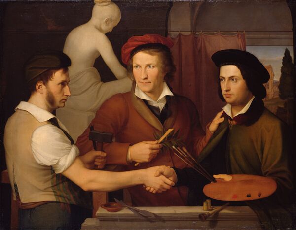 (6) Wilhelm Schadow: Selbstbildnis mit dem Bruder Ridolfo Schadow und Bertel Thorvaldsen, Öl auf Leinwand, 1815/16, mit Rahmen: 110 x 138 x 7 cm