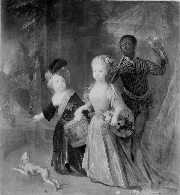 Antoine Pesne, Friedrich der Große als Kronprinz und seine Schwester Wilhelmine mit schwarzem Kammerdiener, 1714, SPSG, GK I 3418, Aufnahme vor 1945