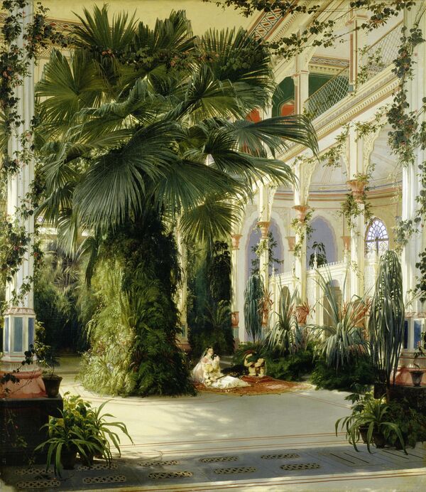 Gemälde „Inneres des Palmenhauses auf der Pfaueninsel“ von Karl Blechen, 1832-34