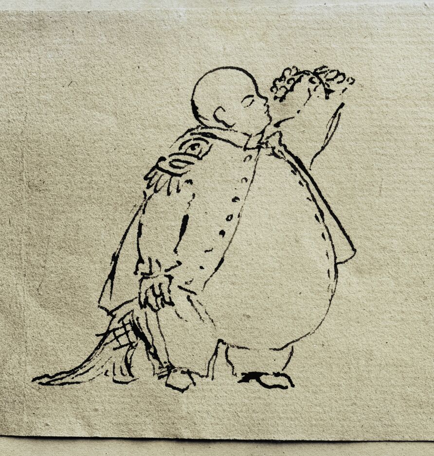 Selbstkarikatur Friedrich Wilhelms IV. als beleibter Butt mit Fischschwanz, Federzeichnung (Kriegsverlust)