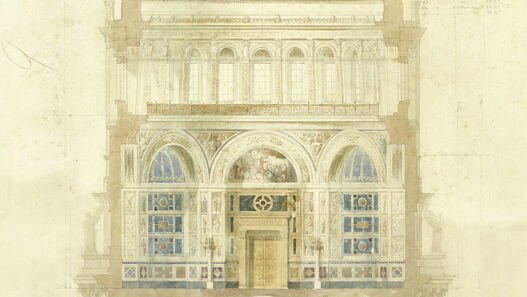 Friedrich August Stüler, Berliner Schloss, Ausführungsentwurf zur Schlosskapelle, Schnitt durch die Kapelle und Kuppel mit Durchfahrt im Erdgeschoss