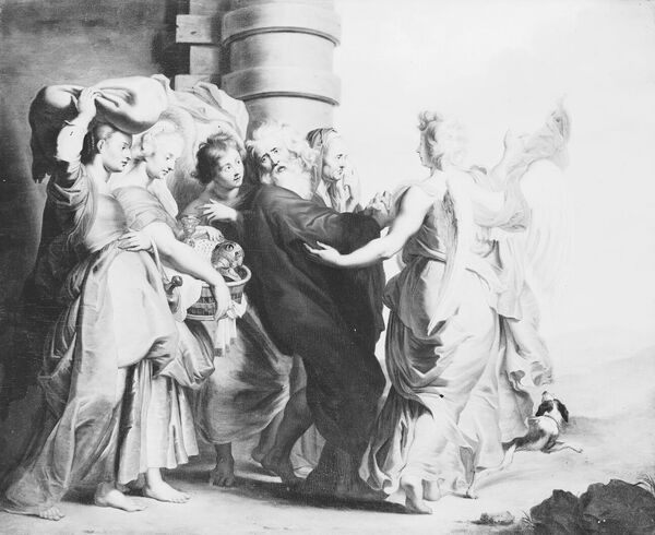 Rubens-Kopie (ehem. Adriaen van der Werff), Loths Auszug aus Sodom, Öl auf Holz, 37 x 45 cm. Seit 1767 in der Bildergalerie nachweisbar, seit 1945 Kriegsverlust