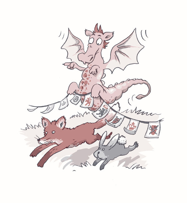 Illustration: Drache Fauch mit Jagdlappen
