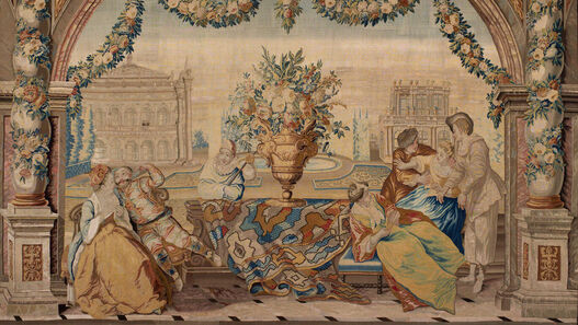 Galante Szene aus der Tapisserie-Serie „Italienische Komödie“, Manufaktur Charles Vigne, Berlin, um 1740. Schloss Charlottenburg, Zweite Hautelisse-Kammer