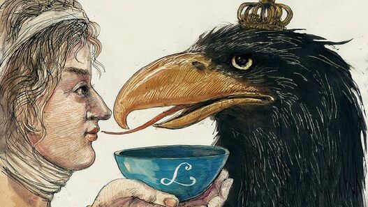 Zeichnung aus der Graphic Novel „Preußens Luise“, Luise hält einem schwarzem Adler mit Krone eine Schüssel mit einem L darauf hin